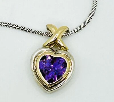 Sterling Silver 14kt Gold 3 Carat Amethyst Heart Pendant Necklace Alwand Vahan - Image 1 of 4