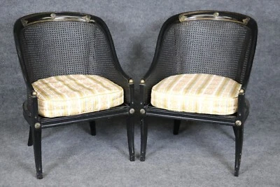 Pair Ebonized Black Cane Back French Directoire Bergere Chairs Brass Accents - Image 1 of 4