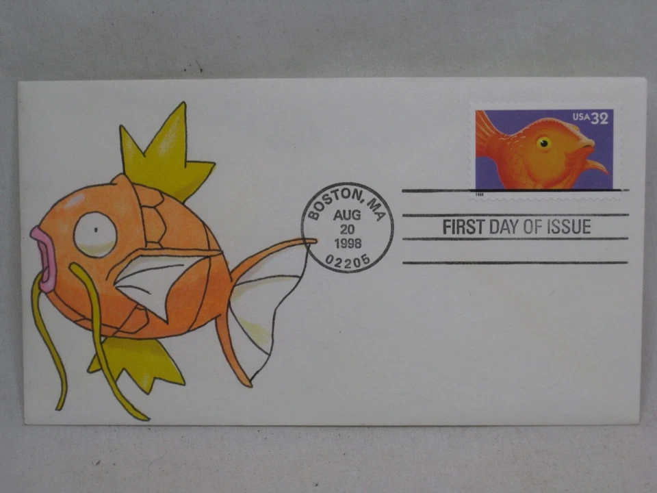 Pokemon Magicarp Pez de colección Primer Día FDC 1998 USPS 1 de 1 arte dibujado a mano Foto 1 de 3