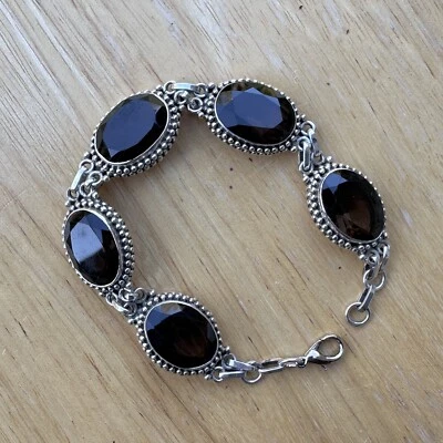 Pulsera de eslabones de colección 6,75 gemas de cuarzo ahumado forma ovalada de plata de ley 925 32,9 g Foto 1 de 4