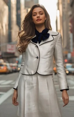 70s Baron Peters Silk Dress Size Small w/Jacket Suit Bow Button Beige EUC - Image 1 of 4