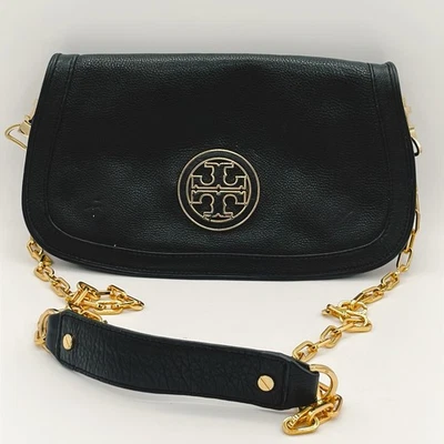 Tory Burch AUTH Amanda Black Pebbled Leather Crossbody Gold Logo Fold Over Purse - Image 1 of 4