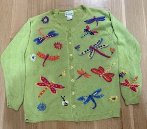 Vintage Quacker Factory Libelle Strickjacke Pullover grün Baumwolle Ramie Gr. Large - Bild 1 von 7