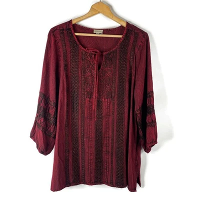 Avenue Womens Tunic Top Size 0X Wine Red Embroidered Round Neck 3/4 Sleeve - Image 1 of 4