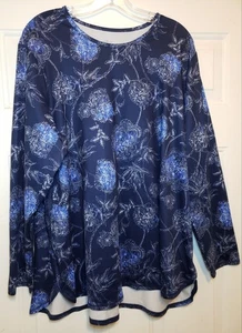 Ladies J. JILL Long Slv Fit Performance Tee Blue White Turquoise Floral, Plus 2X - Picture 1 of 1