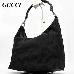 GUCCI Bamboo Shoulder Bag Black GG Monogram Nylon Leather Hobo Purse USED 702C - Picture 1 of 9
