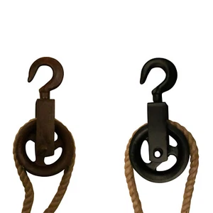 Flaschenzug Seilzug Deko Haken Haken Umlenkrolle mit Seil Tau Schwarz Rost Antik - Bild 1 von 5