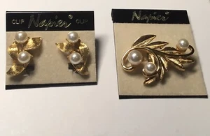 VINTAGE NAPIER faux pearl gold tone leaves clip on earrings and brooch~NWOT! - Picture 1 of 4
