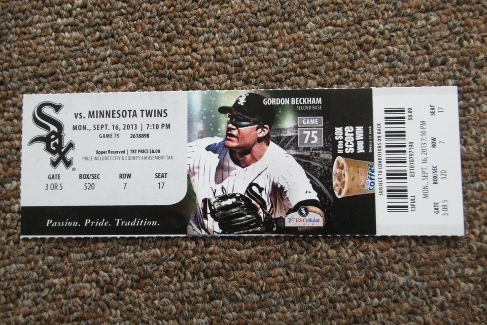 WHITE SOX VS TWINS 9/16/2013 FULL TICKET ~ ERIK JOHNSON (1ST CAREER WIN/8Ks) - Image 1 of 1