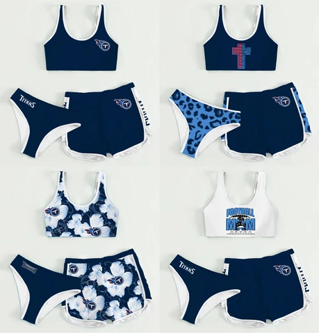 Tennessee Titans Women's High Waisted 3PCS Sports Outfits Crop Top W/Shorts Sets Cover