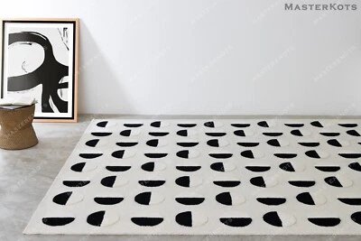 Lunar Eclipse Black & White Hand Tufted 100% Wool Soft Area Rug Carpet. - Image 1 of 4