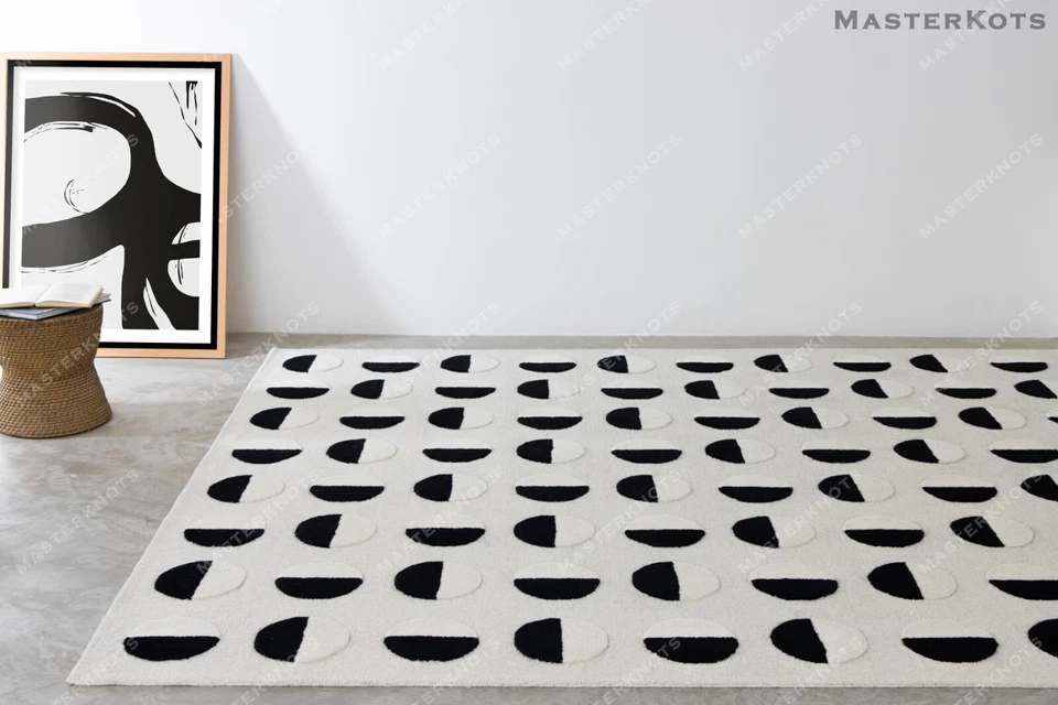 Lunar Eclipse Black & White Hand Tufted 100% Wool Soft Area Rug Carpet. - Image 1 of 4