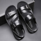 Men's Summer Pull On Flat Leather Casual Flat Sandals Slippers Round Toe Shoes