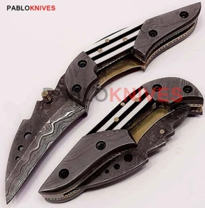 Cuchillo de caza plegable de acero Damasco forjado a mano, bolsillo, exterior, supervivencia - Imagen 1 de 4