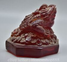 5.2" Old Chinese Amber Carved Fengshui bufonid Frog Coin Wealth Statue