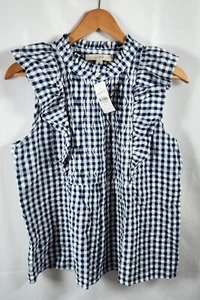 Loft Womens Blue White Gingham Ruffle Cotton Sleeveless Button Up Shirt Sz Small - Picture 1 of 7