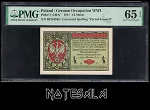 POLAND 1/2 MARKI 1917 Pick-7 PMG 65 GEM UNC EPQ S/N B8754586 GERMAN WWI - Picture 1 of 2