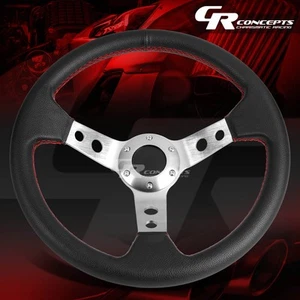 345MM 3" DEEP DISH 6 HOLE SILVER SPORT STEERING WHEEL RED STITCHING+HORN BUTTON - Picture 1 of 4