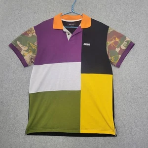 AKOO Polo Shirt Men XL Colorblock Patchwork Purple Yellow Camo Sleeve Streetwear - Picture 1 of 19
