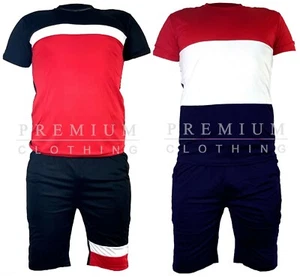 Premium Mens Polyester Tracksuit Crew Neck T shirt and Shorts Set fitted Top  - Picture 1 of 5