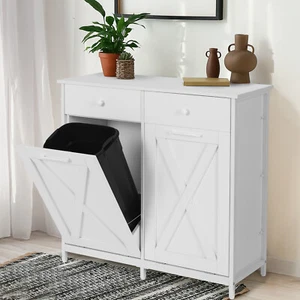 Double Tilt Out Trash Cabinet 20 Gal Wooden Recycling Cabinet with Drawer - Picture 1 of 8