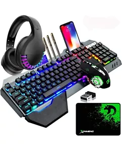 Wireless Rechargeable Gaming Keyboard Mouse Set & 3.5 Stereo Headset RGB Rainbow - Picture 1 of 12