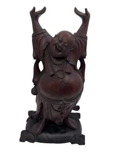 Vintage Wooden Happy Buddha Hand Carved 12” With Wooden Base - Picture 1 of 22