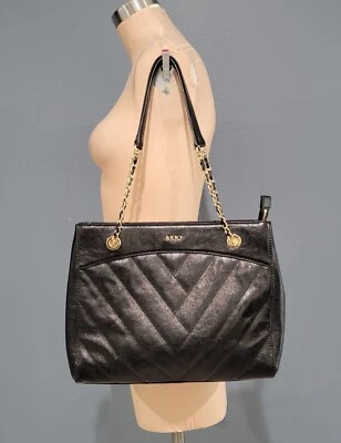 DKNY Black Leather Chevron Quilted Double Compartment Zippered Tote Purse - Image 1 of 4
