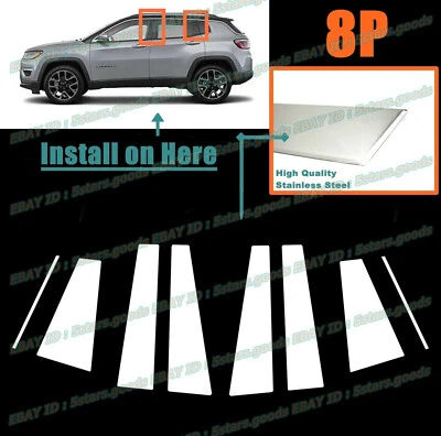 Embellecedores de poste de pilar de puerta de acero inoxidable cromado 8P para SUV Compass Jeep 2017-2025 Foto 1 de 4