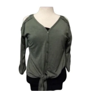 Rue 21 Cold Shoulder Blouse Womens XS Olive Green Knit Crochet NEW - Picture 1 of 5