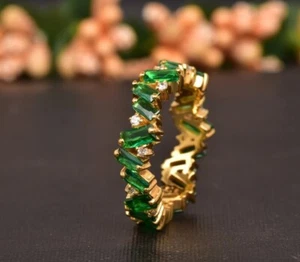 Emerald Eternity Band, Gold Plated May Birthstone Matching Band Wedding Ring - Picture 1 of 9