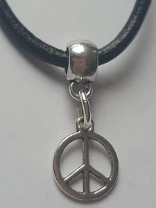PEACE SIGN TIBETAN SILVER CHARM PENDANT ON BLACK LEATHER CHOKER NECKLACE. - Picture 1 of 1