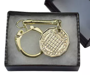 BRITISH BRASS THREE PENCE COIN KEYRING CHOICE OF YEAR 1937-1967 BIRTHDAY - Picture 1 of 2