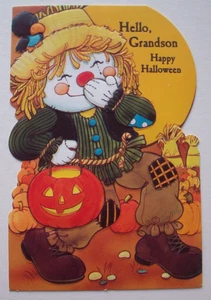 Scarecrow trick or treating embossed vintage 80's Halloween greeting card WW24 - Picture 1 of 3