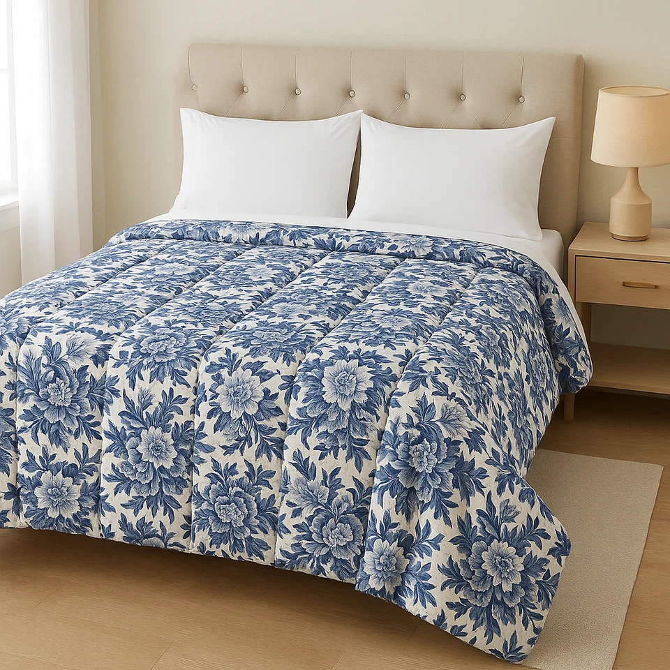 Vintage Ralph Lauren Home Comforter Twin Blue White Floral Koi Print 80s 90s - Image 1 of 4