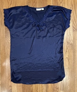 Vtg Victoria’s Secret GOLD LABEL Navy Blue Satin NIGHT SHIRT M/L VGC Lace Trim - Picture 1 of 10