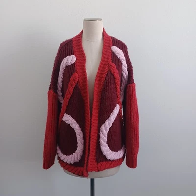 Cárdigan suéter tejido grueso Anthropologie Maeve Cable para mujer OS rojo calce relajado Foto 1 de 4