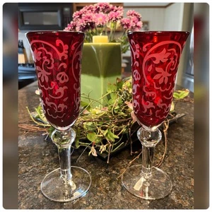 Mexican-Red Hand Blown Etched Fluted Champagne Glass Pair. - Picture 1 of 6