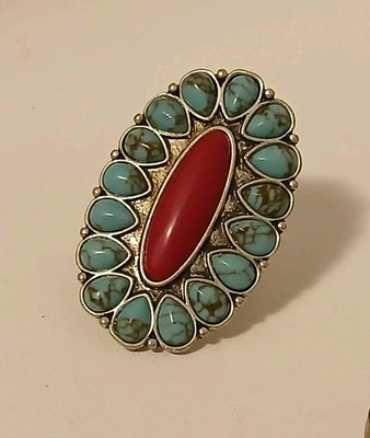 LUCKY BRAND Band Ring Faux Turquoise Coral Large Southwestern Style Size 6.5 - Image 1 of 4