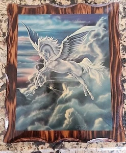 VTG 80s Unicorn Pegasus Wall Sue Dawe Wood Art Mystical Forest 10 X 12” Plaque - Picture 1 of 8