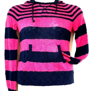 So Stripe Cotton Hoodie Pouch Jr M Hot Pink Navy Knit - Picture 1 of 5
