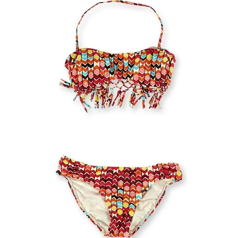 Conjunto de Biquíni HOBIE com Franjas Vermelhas e Laranjas 2 Peças, Tamanho Médio - Imagem 1 de 3