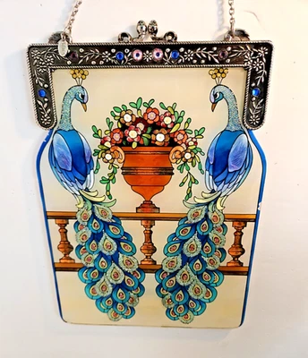 AMIA Stained Glass Peacock Suncatcher Beaded Purse Design Metal Frame Jewels - Image 1 of 4