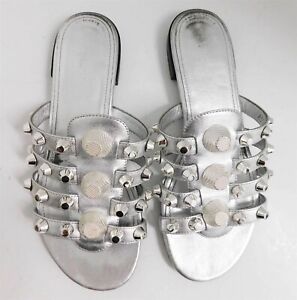 Balenciaga Paris Silver Leather Studded Flat Slide Sandals Italy 35.5