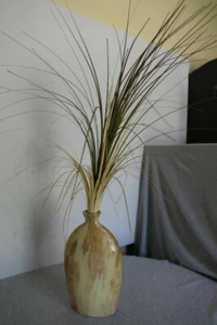 10.5" H Flat Oval Cream Tan Rust Stone Ceramic Display Decor Vase w Dried Reeds - Picture 1 of 12