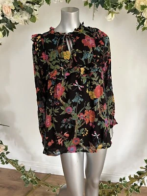 Joules Selena Топ женская блузка поп над оборкой Великобритании 10 12 14 16 и 18 черный цветочный - Изображение 1 из 4