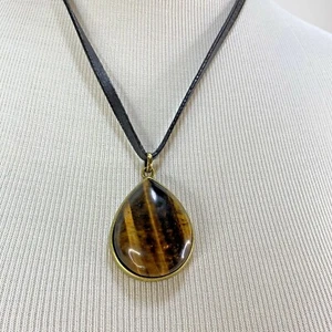 Fossil Brand Necklace Tiger's Eye Pendant pear shape brown leather chain strap - Picture 1 of 9