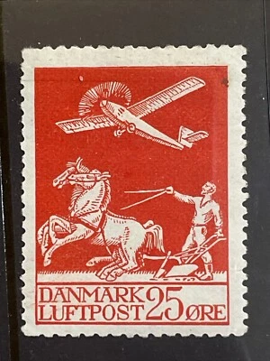 Sello de correo aéreo escarlata 25º de avión y arador Dinamarca 1925 Sc# C3 MLH Foto 1 de 2
