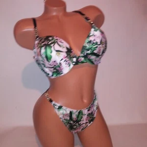 Victoria Secret BH Set 38C Push Up XL Tanga Höschen Gold Kette Blumen Tropical - Bild 1 von 13