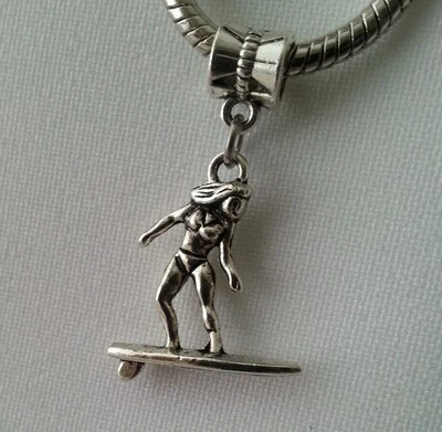 Surfer On Surfboard Surf Water Sport Dangle Charm Bead European Style Bracelet - Image 1 of 4
